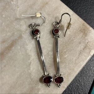 Sterling Silver 925 Garnet Abstract Modernist Hook Long Dangle 2.5” Earrings 5g